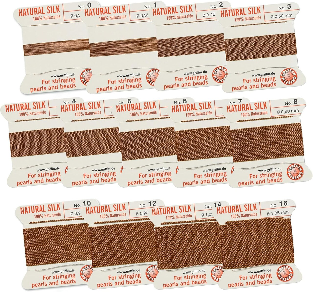 Griffin Silk Bead Cord Perlseide – Size Assortment 0-16 – 2 Meters per Card – Stainless Steel Needle Attached – for Knotting Pearls, Gemstones, Crystals and Beads